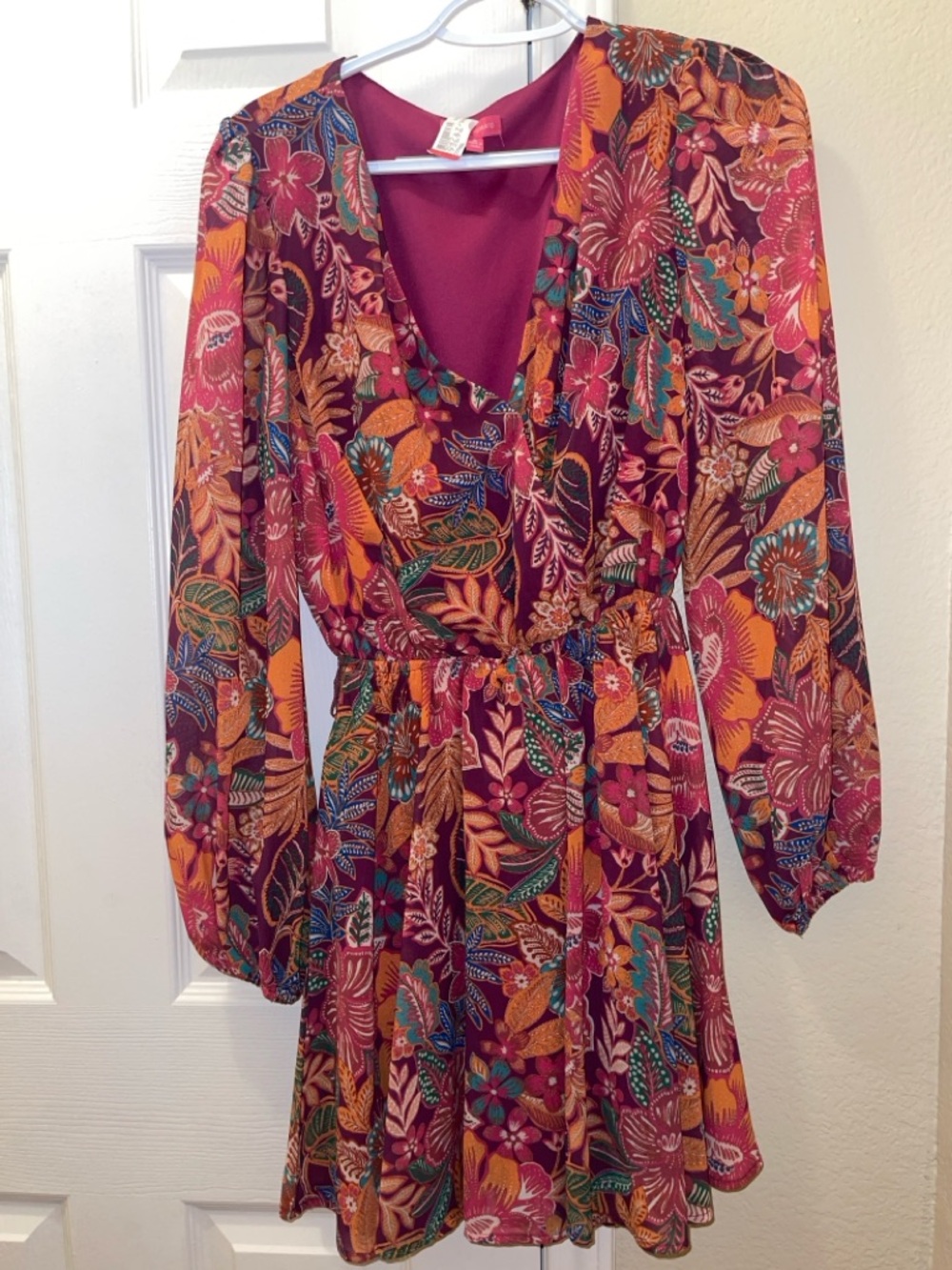 SMALL - Like New, Flying Tomato Burgundy Floral Long Sleeve V-Neck Dress
